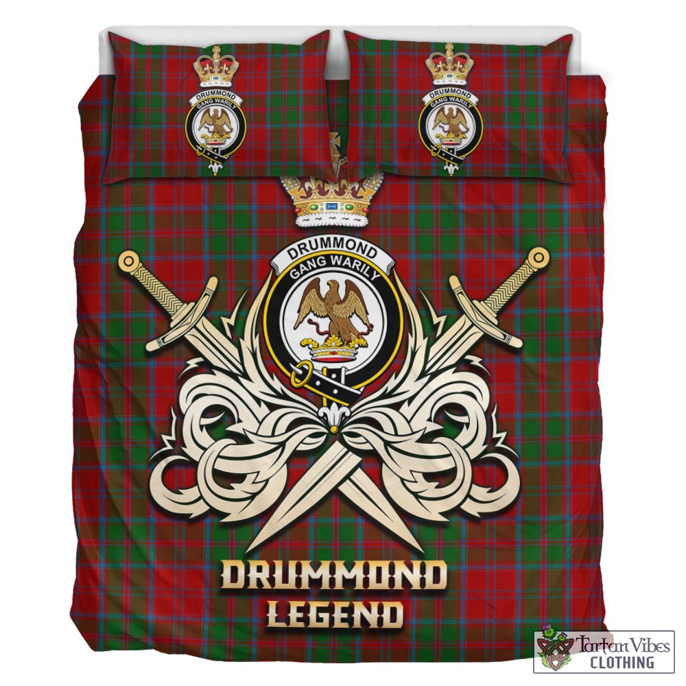 Tartan Vibes Clothing Drummond Tartan Bedding Set with Clan Crest and the Golden Sword of Courageous Legacy