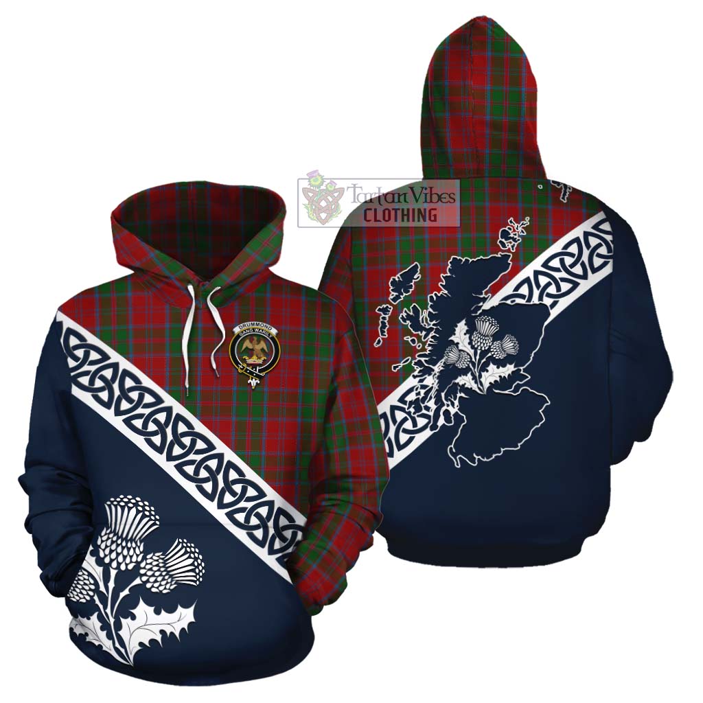 Tartan Vibes Clothing Drummond Tartan Cotton Hoodie Featuring Thistle and Scotland Map