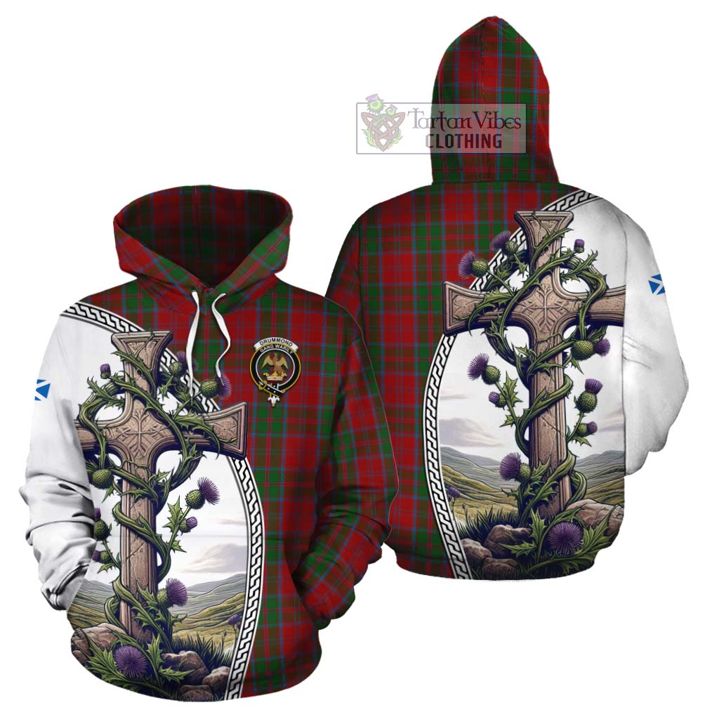 Tartan Vibes Clothing Drummond Tartan Cotton Hoodie with Family Crest and St. Andrew's Cross Accented by Thistle Vines