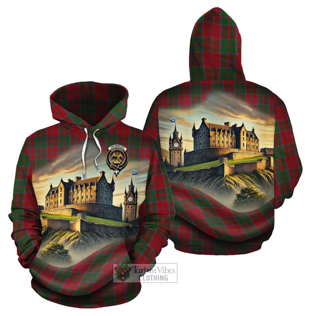 Drummond Tartan Family Crest Cotton Hoodie with Scottish Ancient Castle Style - Tartan Vibes Clothing