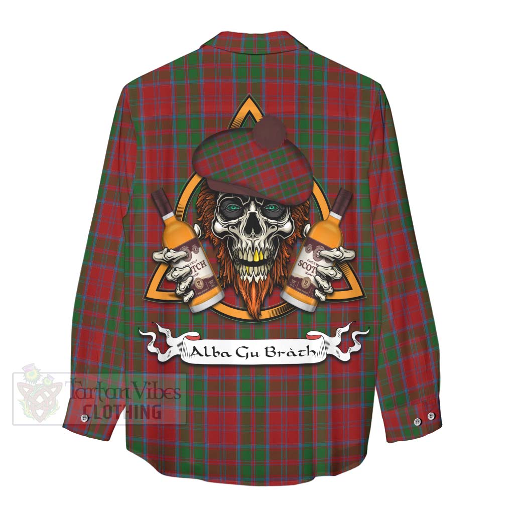 Tartan Vibes Clothing Drummond Tartan Women's Casual Shirt with Family Crest and Bearded Skull Holding Bottles of Whiskey