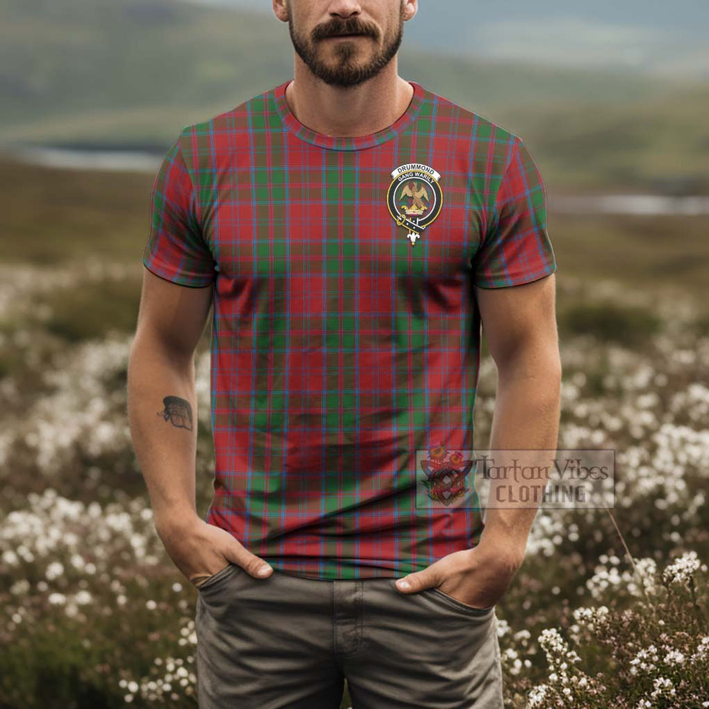 Tartan Vibes Clothing Drummond Tartan T-Shirt with Family Crest and Bearded Skull Holding Bottles of Whiskey