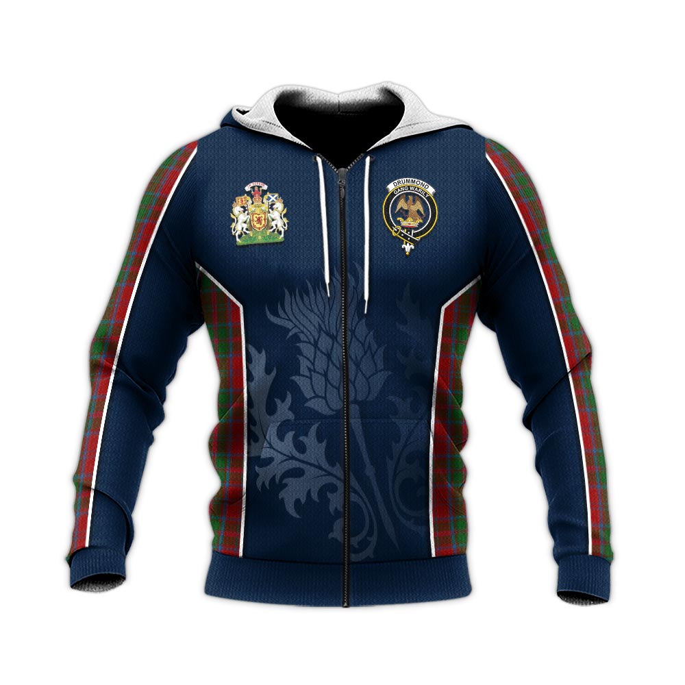 Tartan Vibes Clothing Drummond Tartan Knitted Hoodie with Family Crest and Scottish Thistle Vibes Sport Style