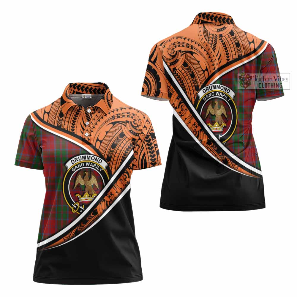 Tartan Vibes Clothing Drummond Crest Tartan Women's Polo Shirt with Maori Tattoo Style - Orange Version