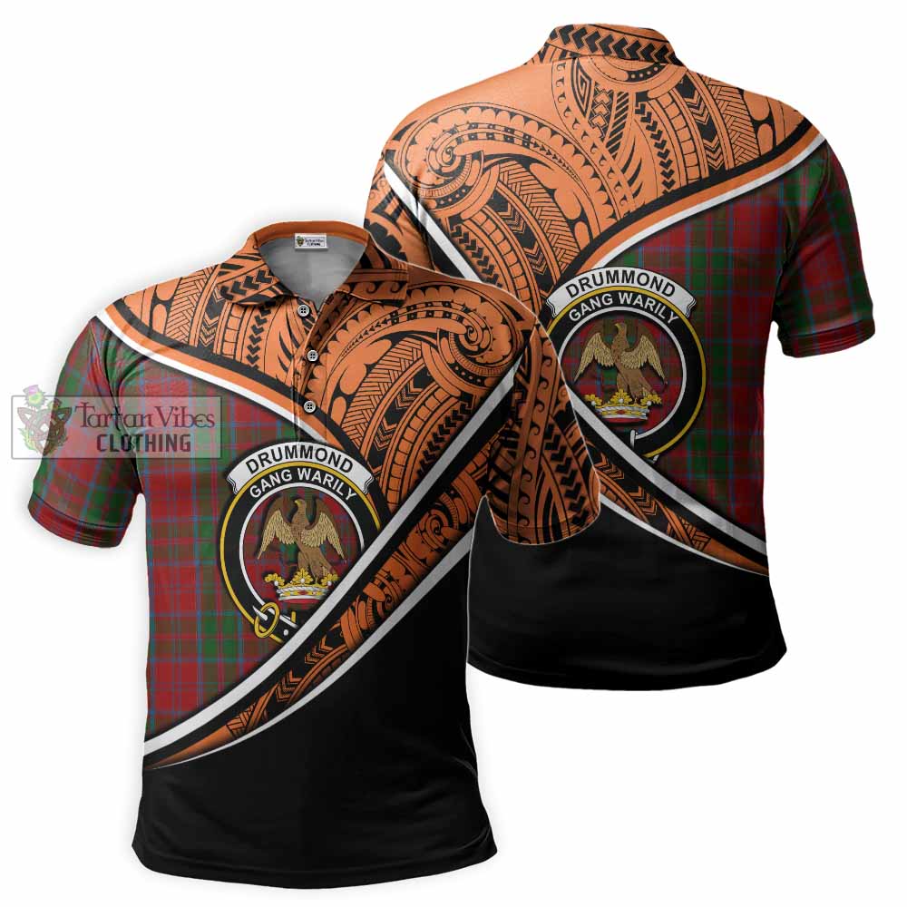 Tartan Vibes Clothing Drummond Crest Tartan Polo Shirt with Maori Tattoo Style - Orange Version