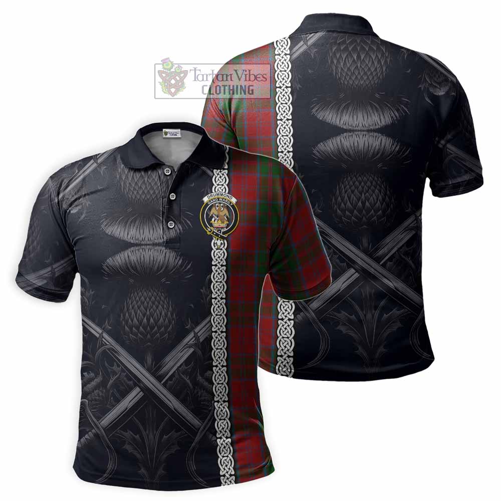 Tartan Vibes Clothing Drummond Tartan Polo Shirt with Family Crest Cross Sword Thistle Celtic Vibes