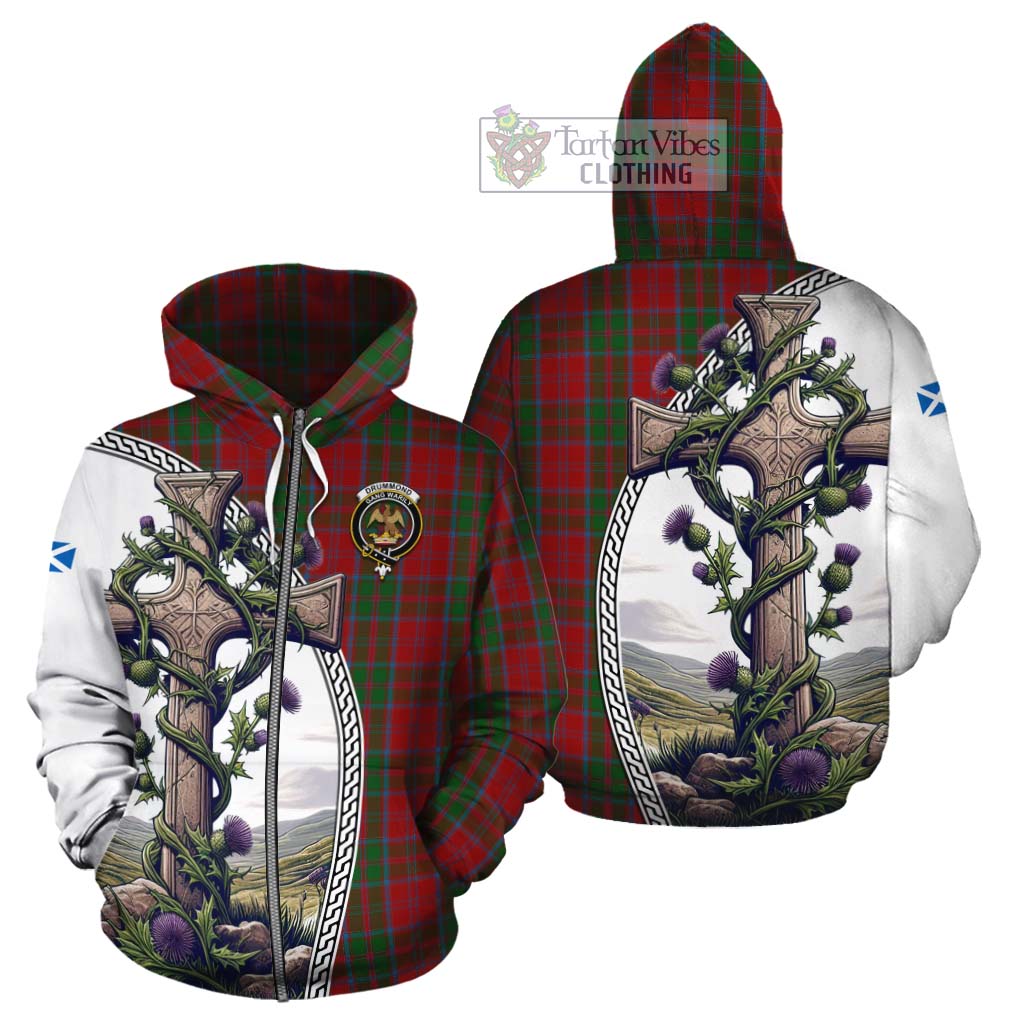 Tartan Vibes Clothing Drummond Tartan Cotton Hoodie with Family Crest and St. Andrew's Cross Accented by Thistle Vines