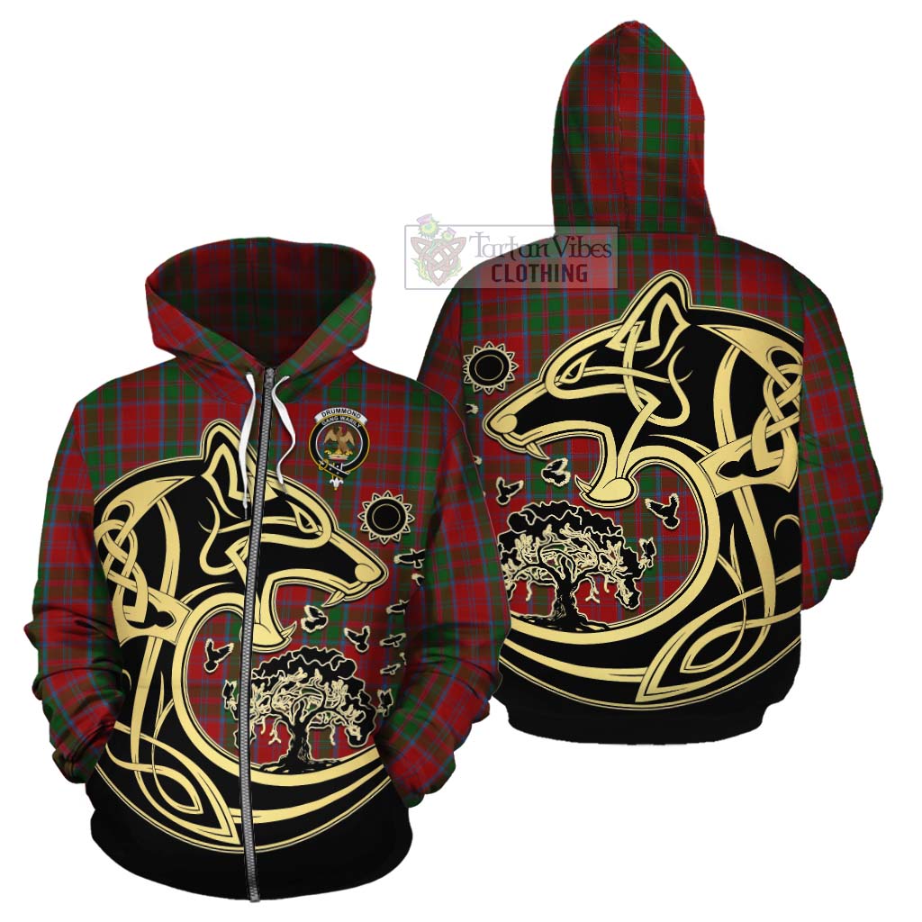 Tartan Vibes Clothing Drummond Tartan Cotton Hoodie with Family Crest Celtic Wolf Style