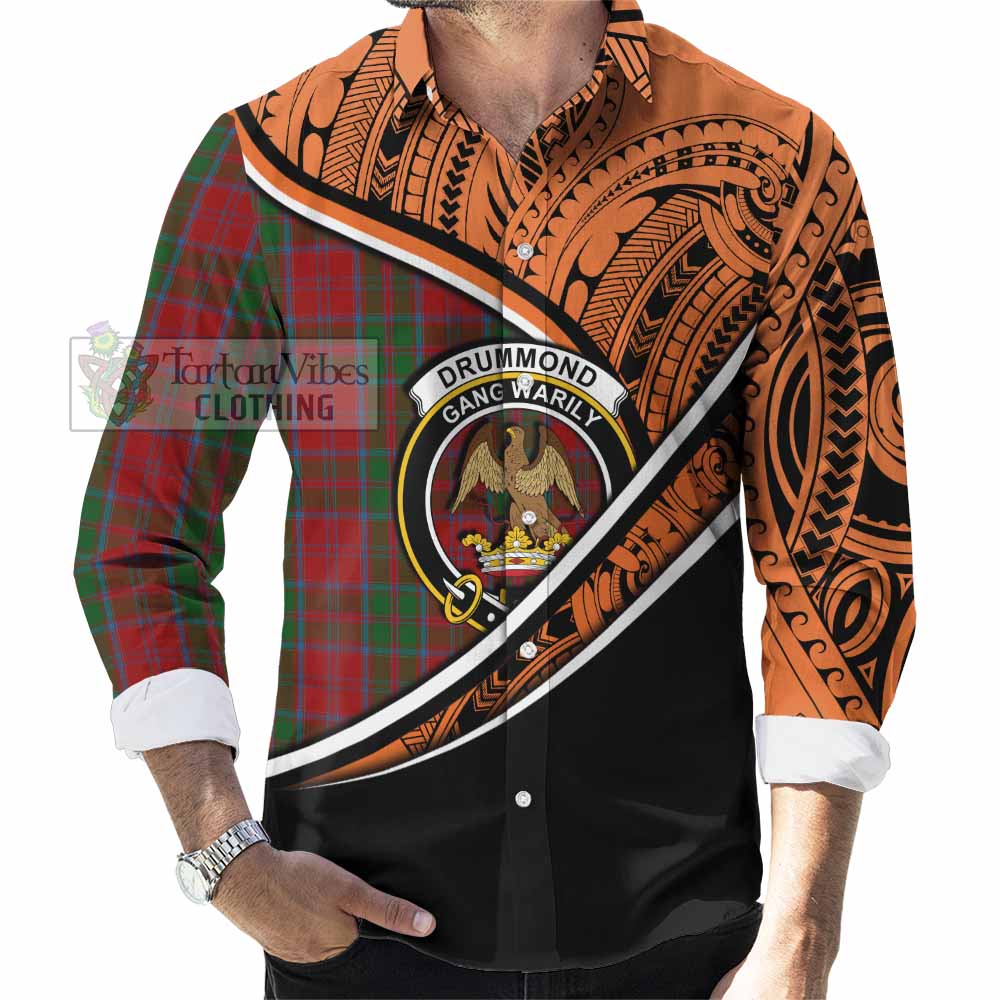 Tartan Vibes Clothing Drummond Crest Tartan Long Sleeve Button Shirt with Maori Tattoo Style - Orange Version