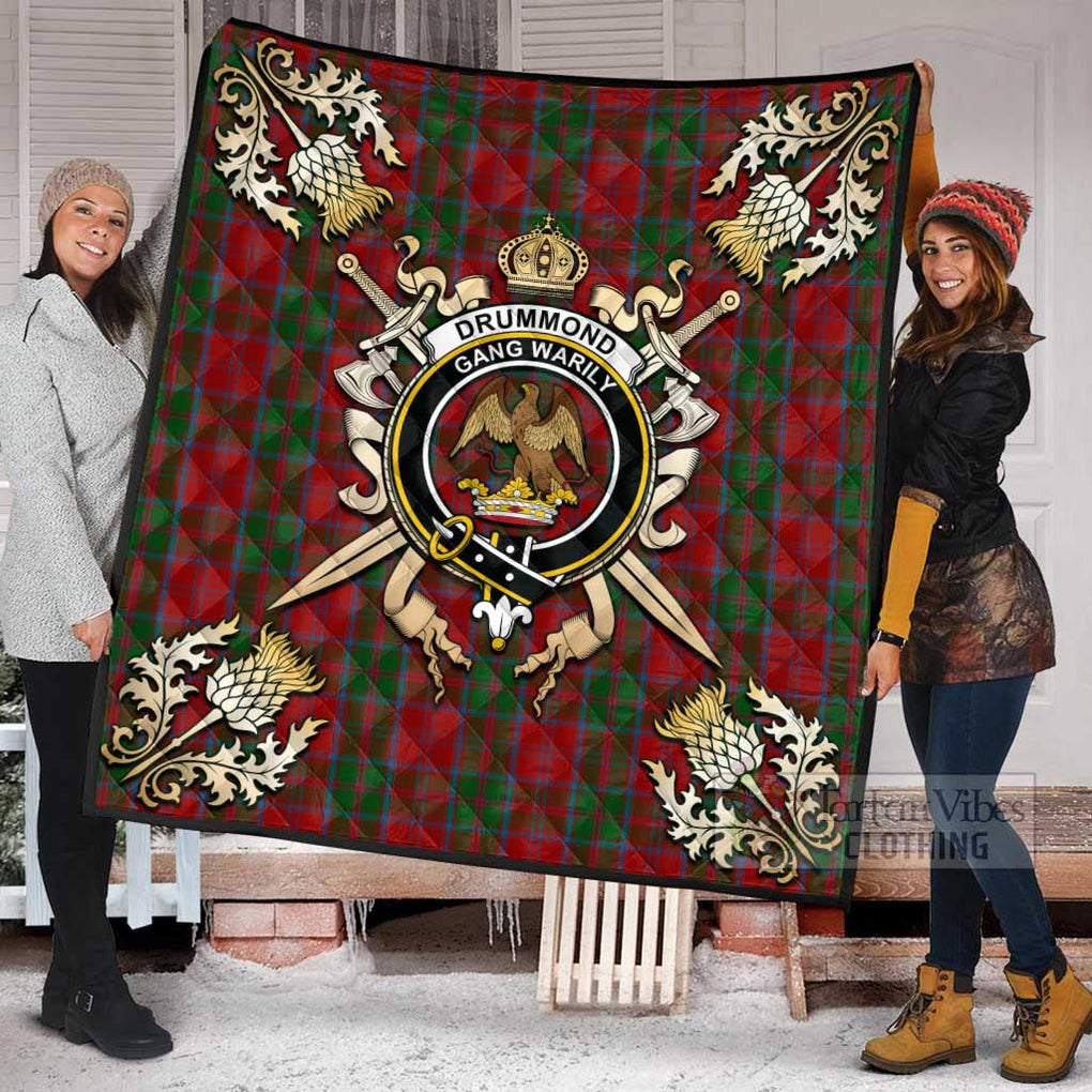 Tartan Vibes Clothing Drummond Tartan Quilt with Family Crest and Scottish Golden Courage Shield