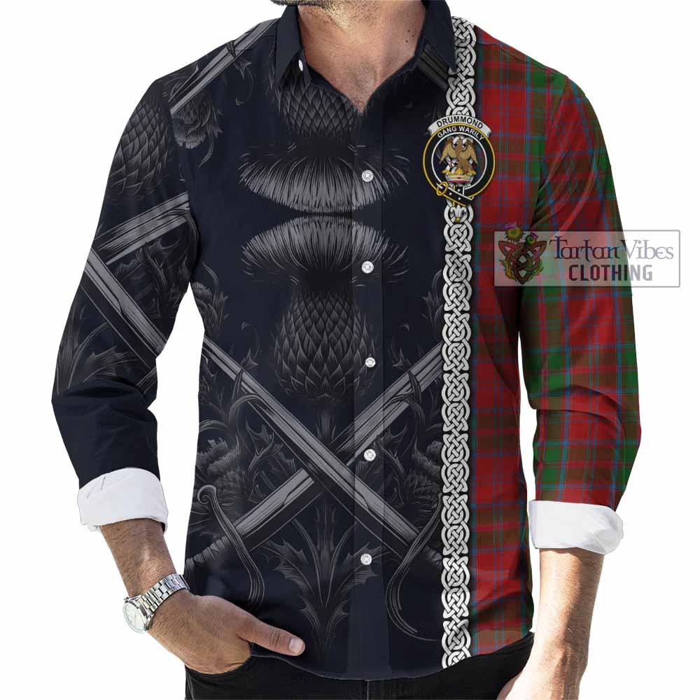 Tartan Vibes Clothing Drummond Tartan Long Sleeve Button Shirt with Family Crest Cross Sword Thistle Celtic Vibes