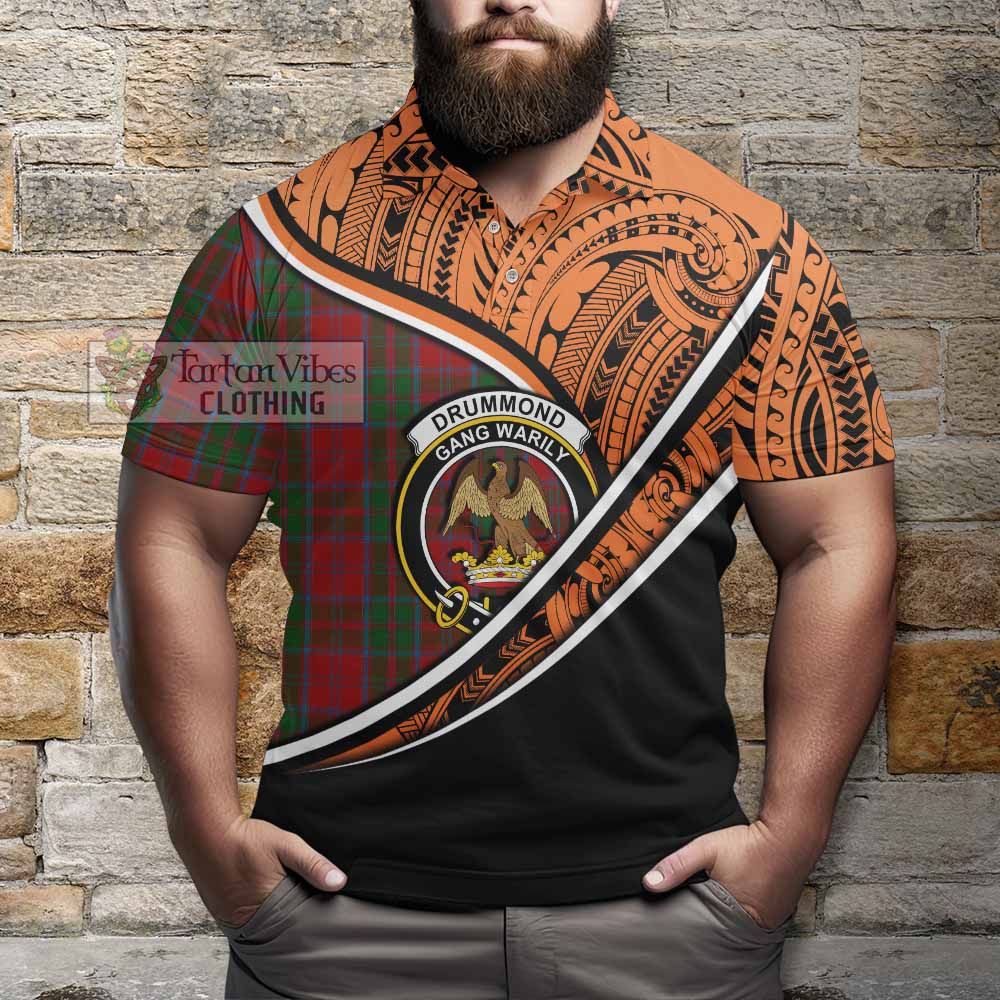 Tartan Vibes Clothing Drummond Crest Tartan Polo Shirt with Maori Tattoo Style - Orange Version