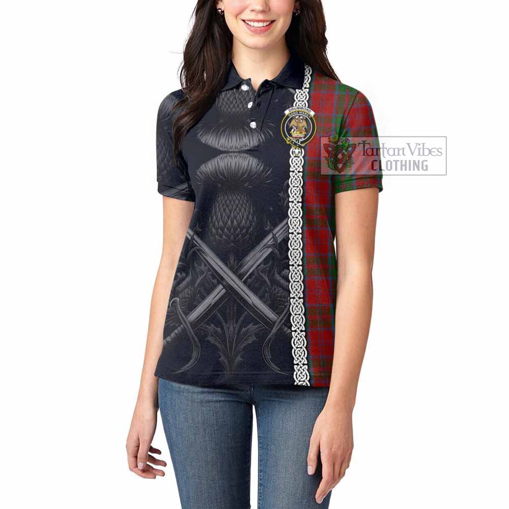 Tartan Vibes Clothing Drummond Tartan Women's Polo Shirt with Family Crest Cross Sword Thistle Celtic Vibes