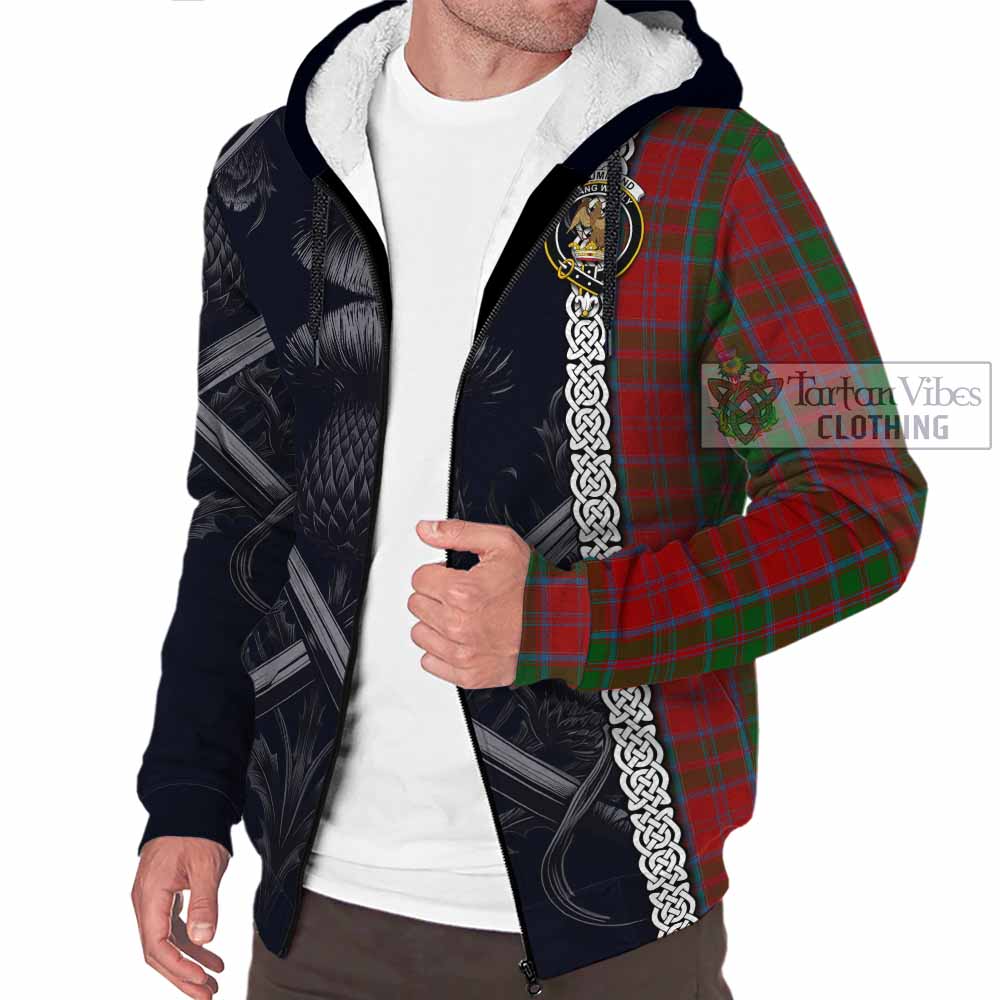 Tartan Vibes Clothing Drummond Tartan Sherpa Hoodie with Family Crest Cross Sword Thistle Celtic Vibes