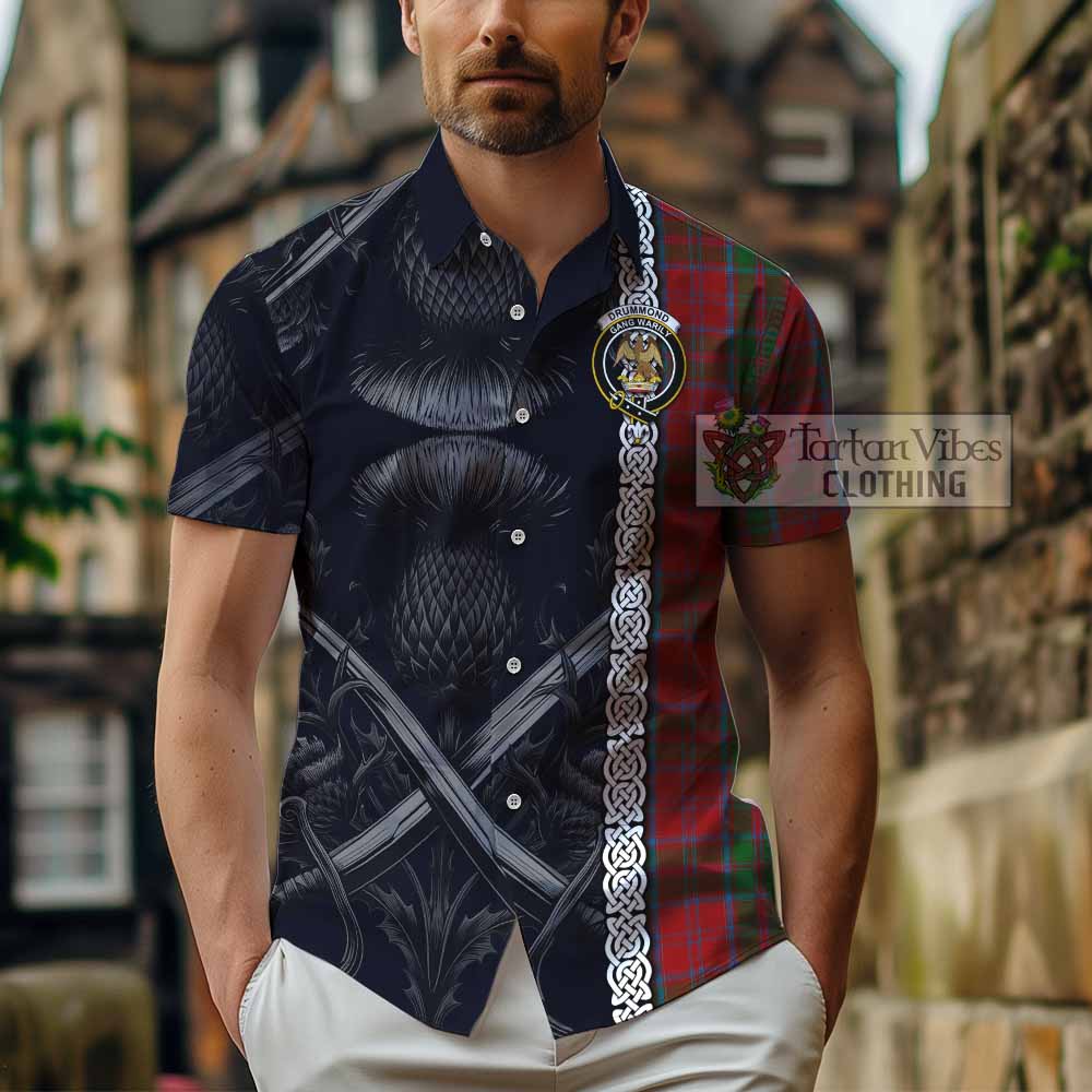 Tartan Vibes Clothing Drummond Tartan Short Sleeve Button Shirt with Family Crest Cross Sword Thistle Celtic Vibes