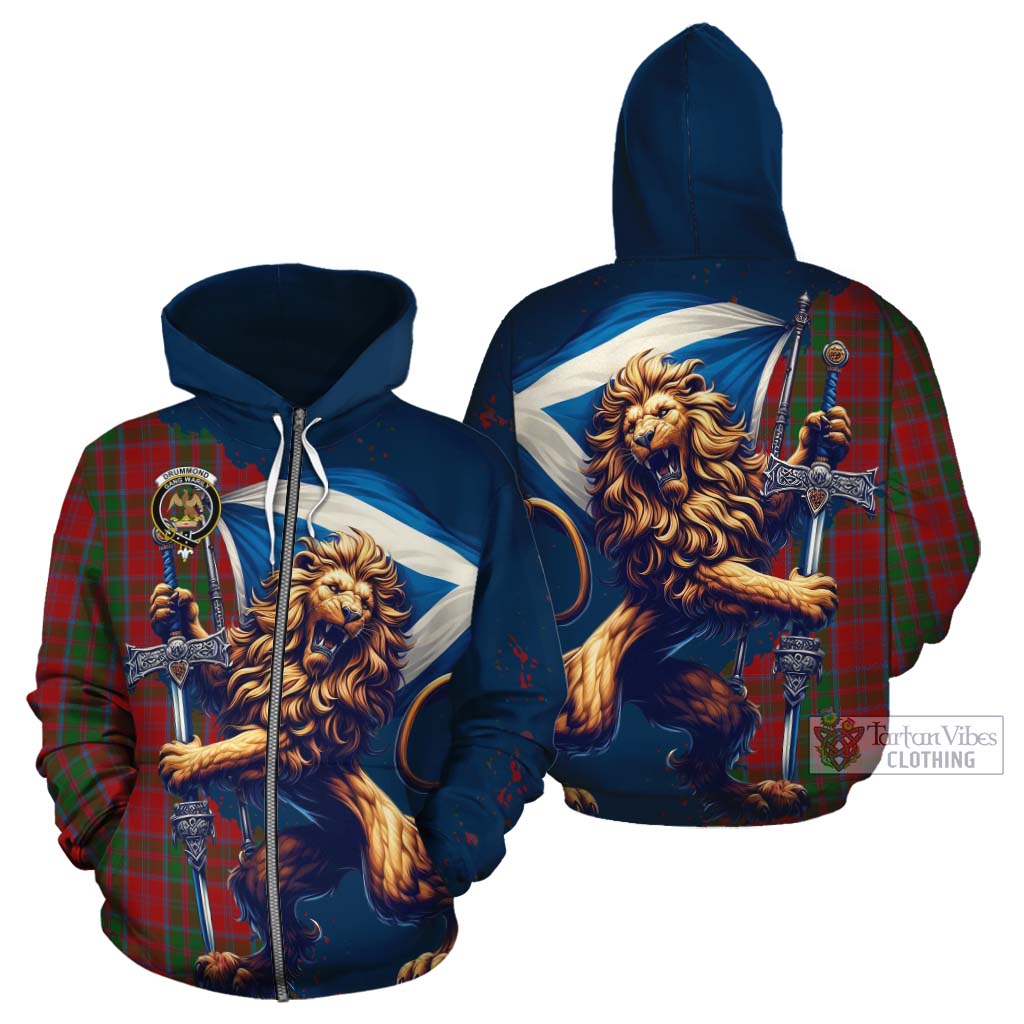 Tartan Vibes Clothing Drummond Tartan Family Crest Cotton Hoodie with Scottish Majestic Lion