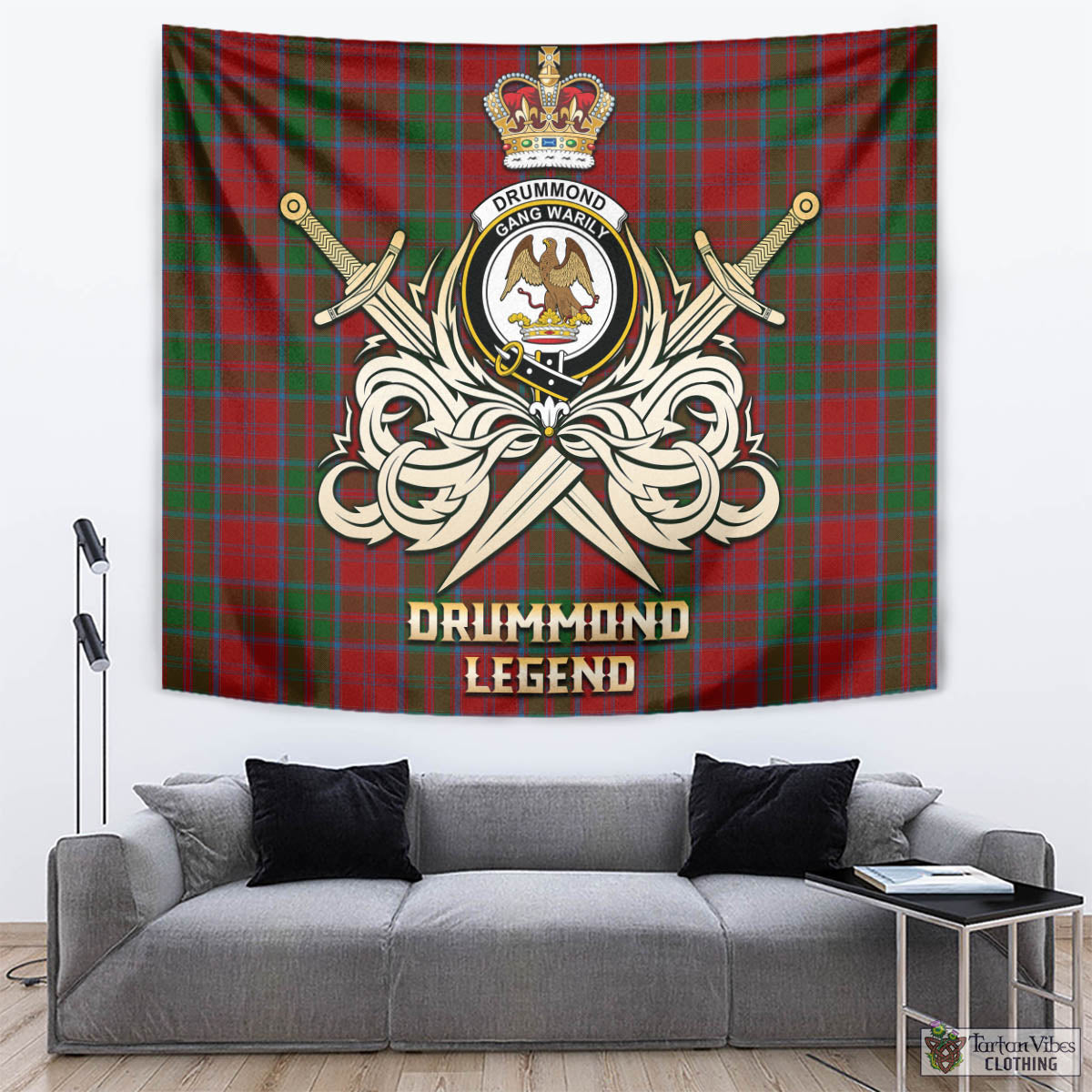 Tartan Vibes Clothing Drummond Tartan Tapestry with Clan Crest and the Golden Sword of Courageous Legacy