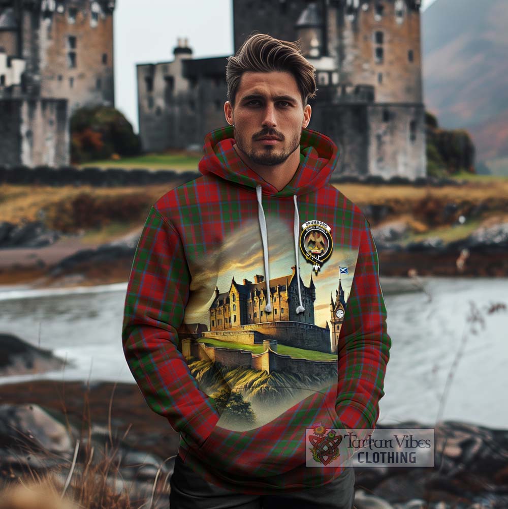 Drummond Tartan Family Crest Cotton Hoodie with Scottish Ancient Castle Style - Tartan Vibes Clothing