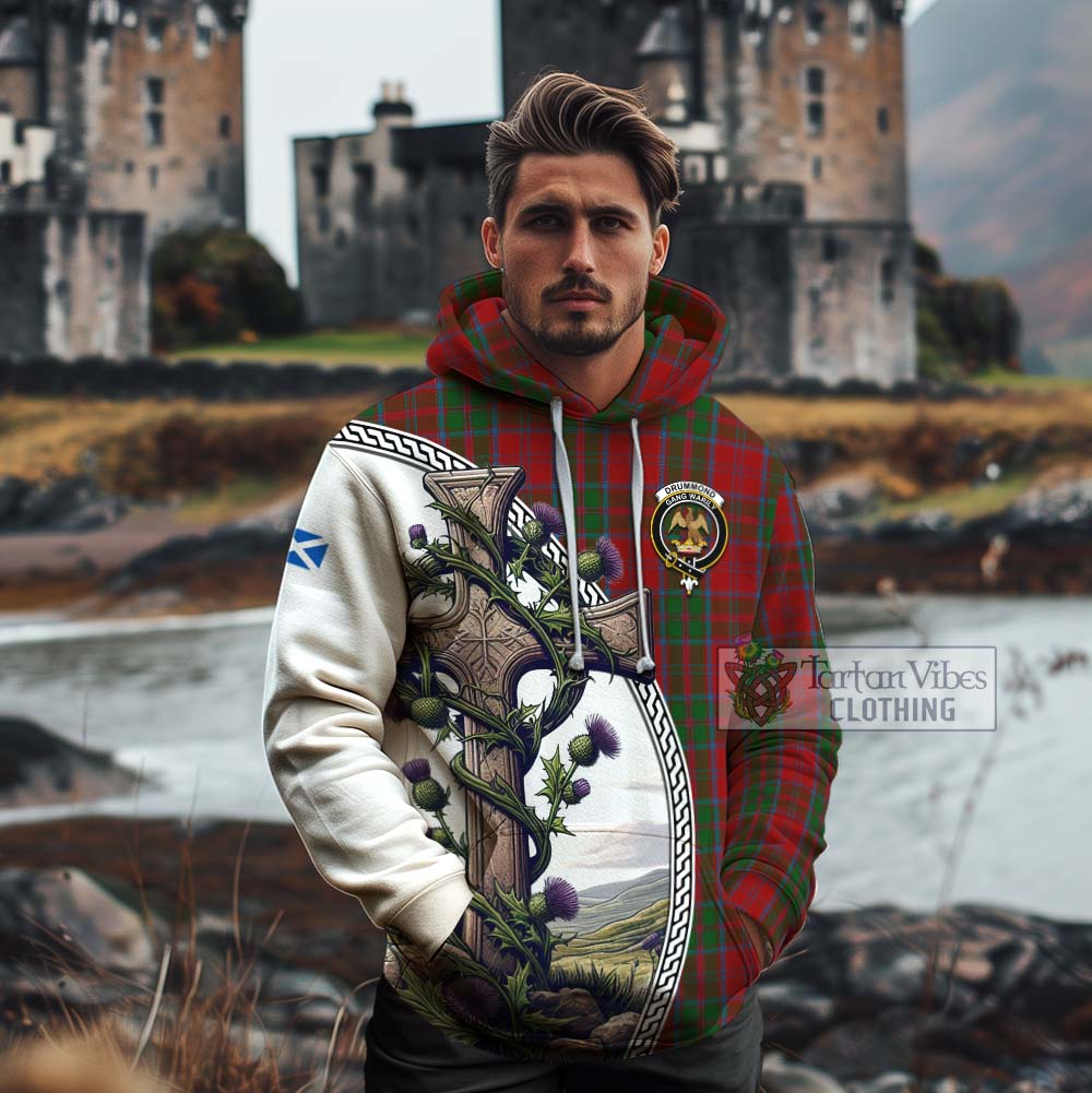 Tartan Vibes Clothing Drummond Tartan Cotton Hoodie with Family Crest and St. Andrew's Cross Accented by Thistle Vines