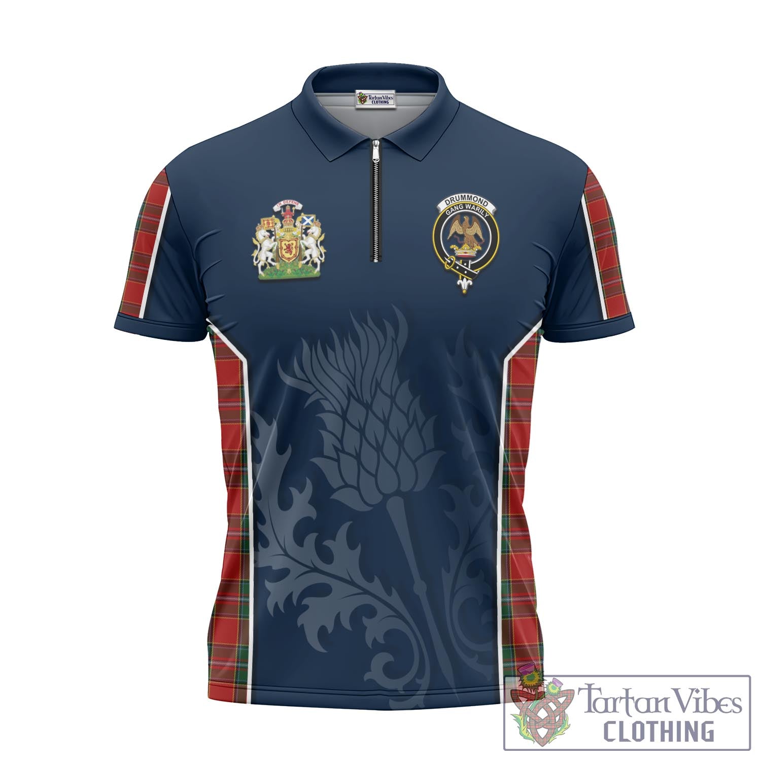 Tartan Vibes Clothing Drummond Ancient Tartan Zipper Polo Shirt with Family Crest and Scottish Thistle Vibes Sport Style