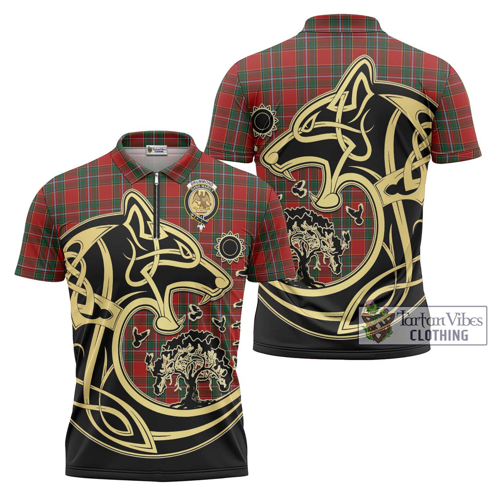 Drummond Ancient Tartan Zipper Polo Shirt with Family Crest Celtic Wolf Style Unisex - Tartanvibesclothing Shop