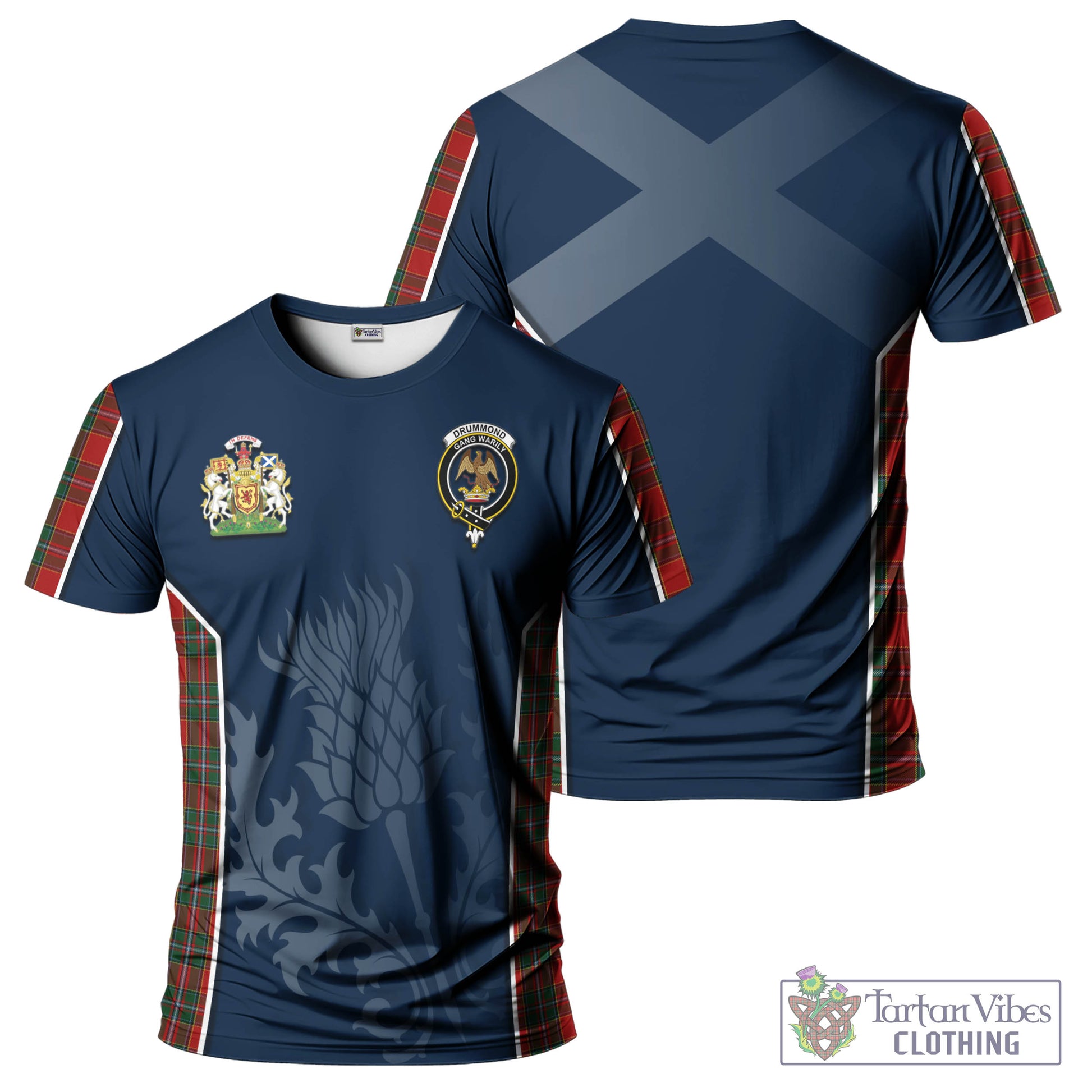 Tartan Vibes Clothing Drummond Ancient Tartan T-Shirt with Family Crest and Scottish Thistle Vibes Sport Style