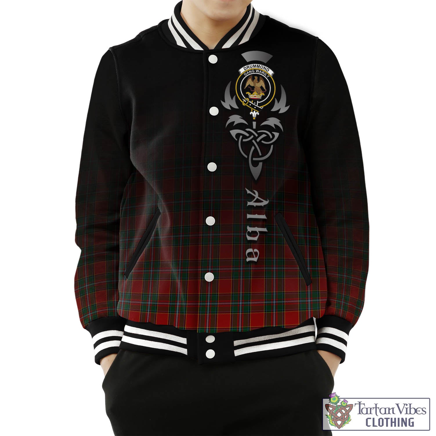 Tartan Vibes Clothing Drummond Ancient Tartan Baseball Jacket Featuring Alba Gu Brath Family Crest Celtic Inspired