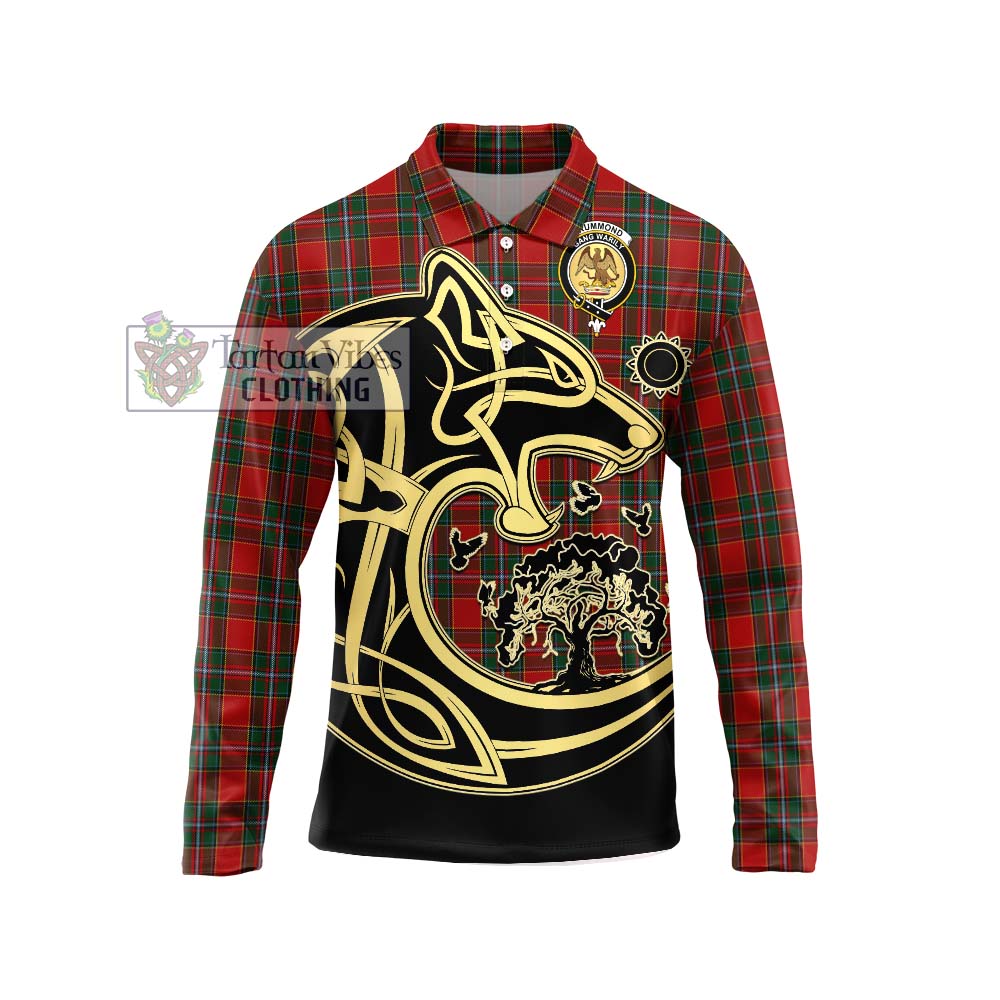 Drummond Ancient Tartan Long Sleeve Polo Shirt with Family Crest Celtic Wolf Style Unisex - Tartanvibesclothing Shop