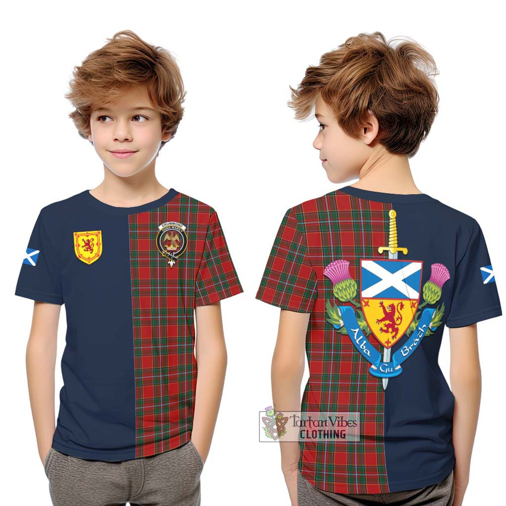 Tartan Vibes Clothing Drummond Ancient Tartan Kid T-Shirt with Scottish Lion Royal Arm Half Style