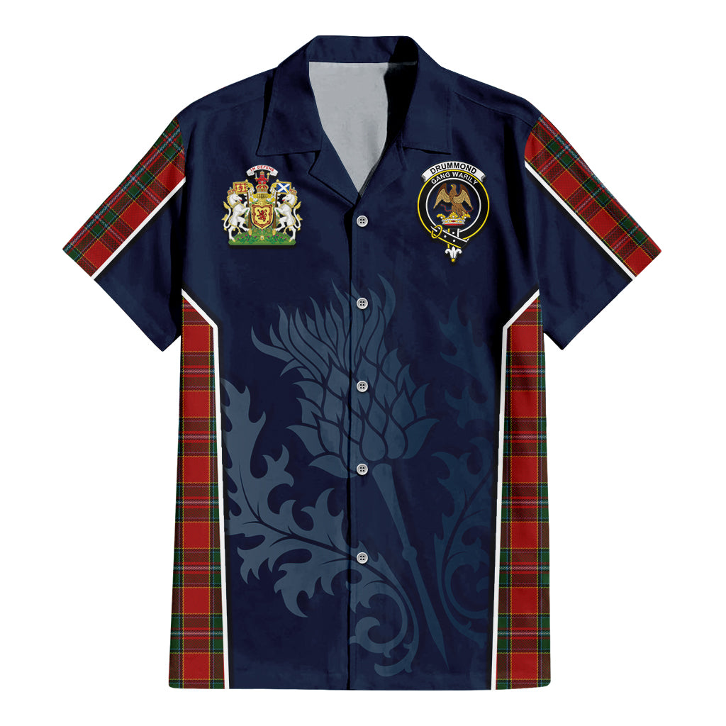 Tartan Vibes Clothing Drummond Ancient Tartan Short Sleeve Button Up Shirt with Family Crest and Scottish Thistle Vibes Sport Style