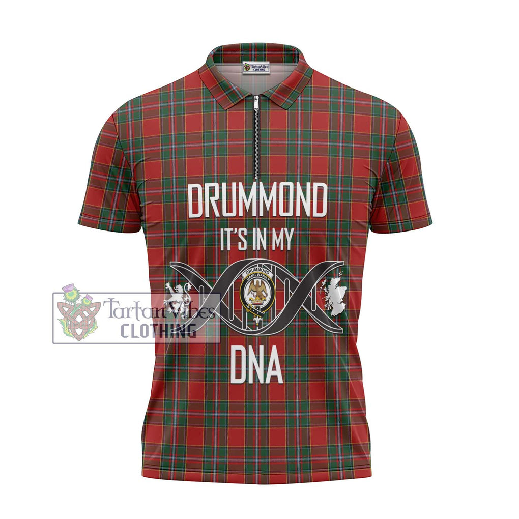 Drummond Ancient Tartan Zipper Polo Shirt with Family Crest DNA In Me Style - Tartanvibesclothing Shop