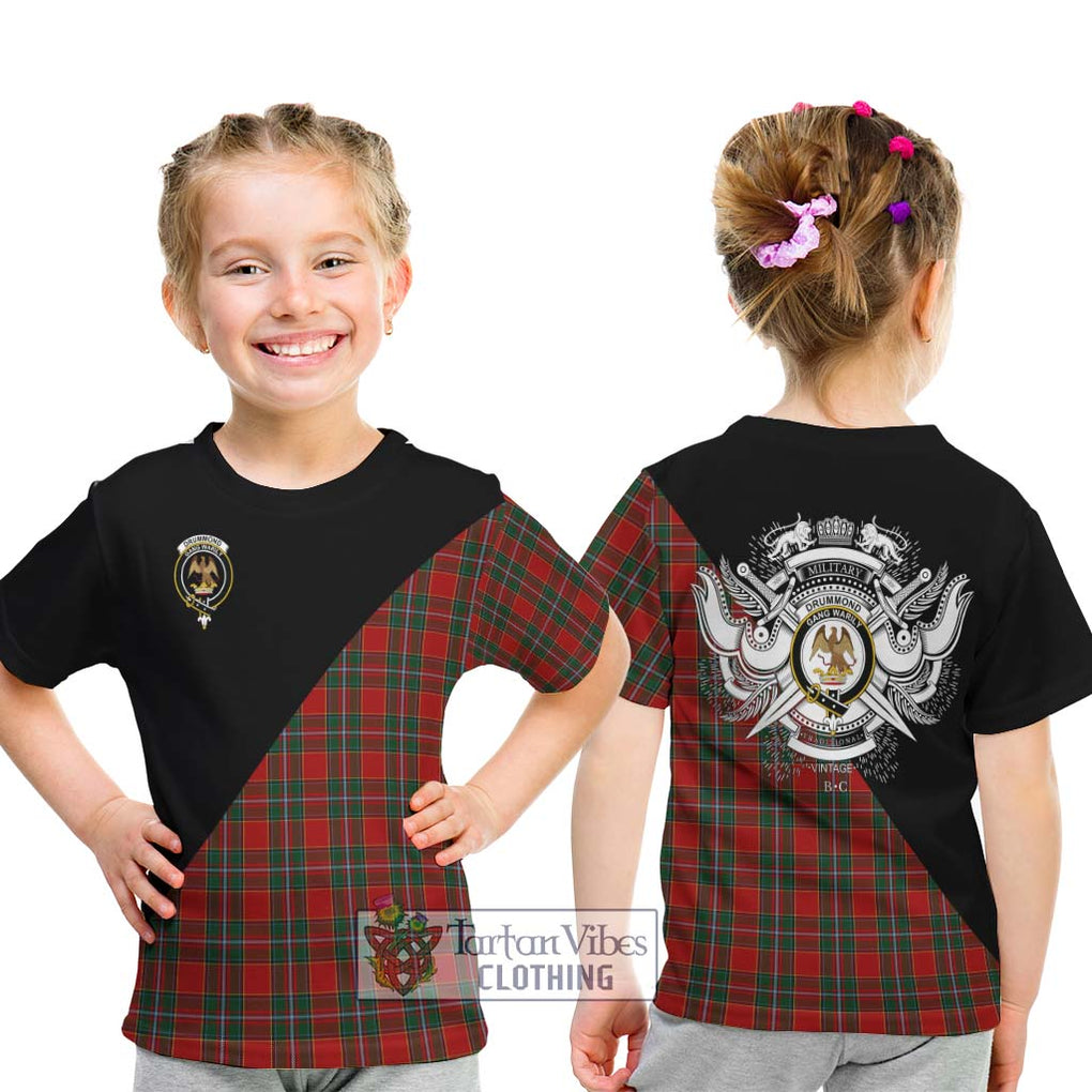 Drummond Ancient Tartan Kid T-Shirt with Family Crest and Military Logo Style - Tartanvibesclothing Shop