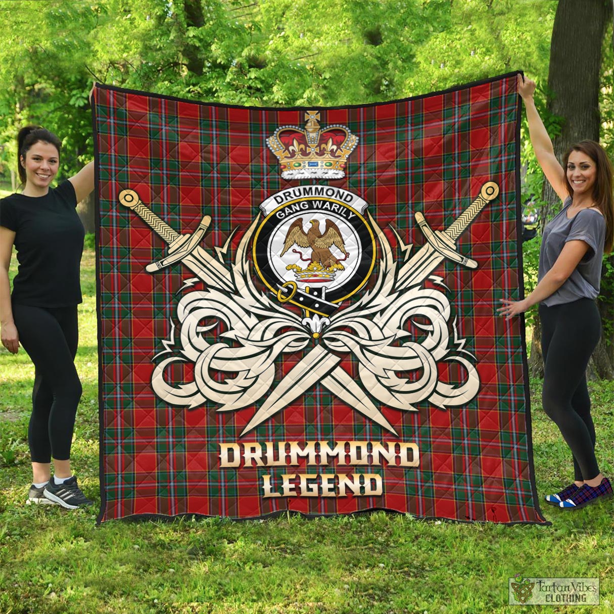 Tartan Vibes Clothing Drummond Ancient Tartan Quilt with Clan Crest and the Golden Sword of Courageous Legacy