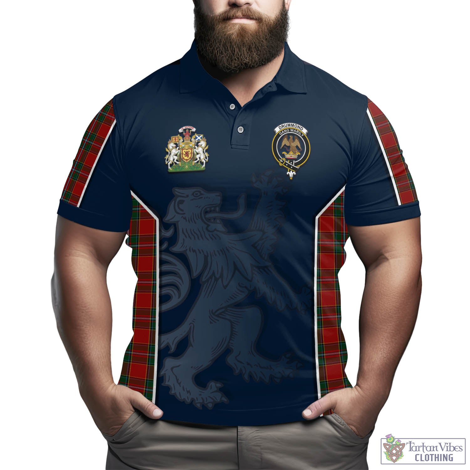 Tartan Vibes Clothing Drummond Ancient Tartan Men's Polo Shirt with Family Crest and Lion Rampant Vibes Sport Style