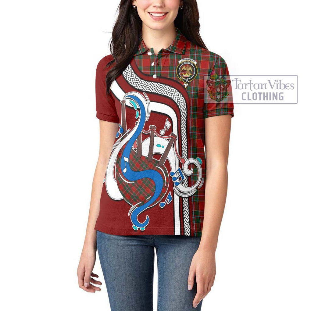 Drummond Ancient Tartan Women's Polo Shirt with Epic Bagpipe Style - Tartanvibesclothing Shop