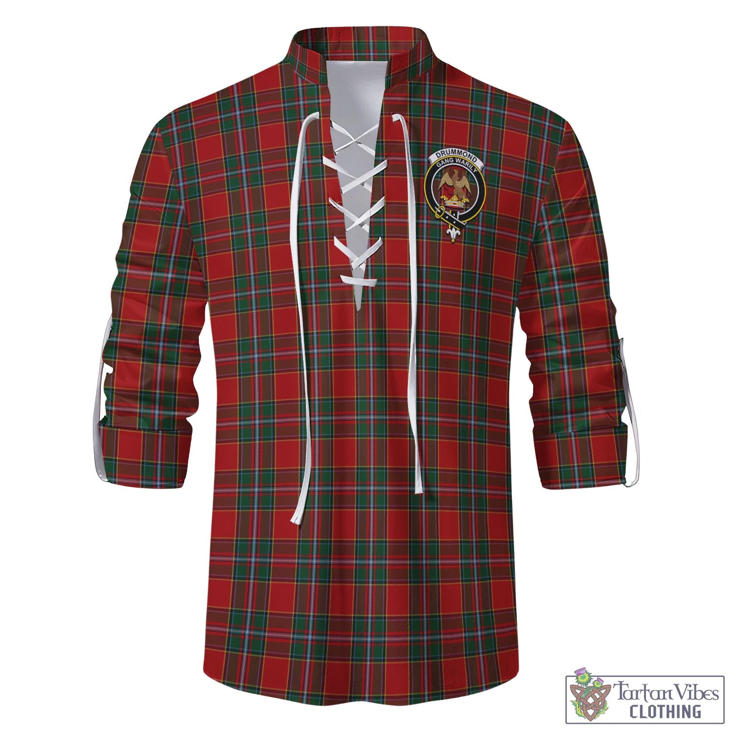 Tartan Vibes Clothing Drummond Ancient Tartan Men's Scottish Traditional Jacobite Ghillie Kilt Shirt with Family Crest