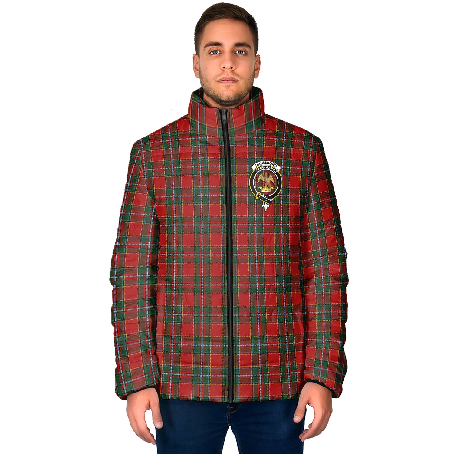 Drummond Ancient Tartan Padded Jacket with Family Crest - Tartan Vibes Clothing