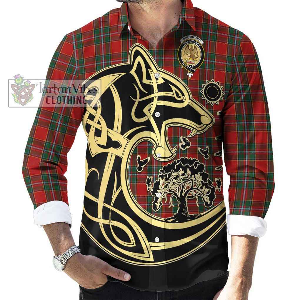 Drummond Ancient Tartan Long Sleeve Button Shirt with Family Crest Celtic Wolf Style - Tartan Vibes Clothing