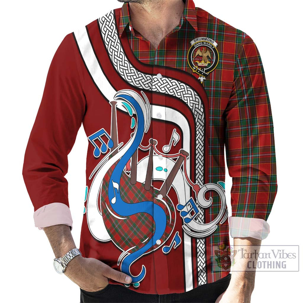 Drummond Ancient Tartan Long Sleeve Button Shirt with Epic Bagpipe Style - Tartanvibesclothing Shop