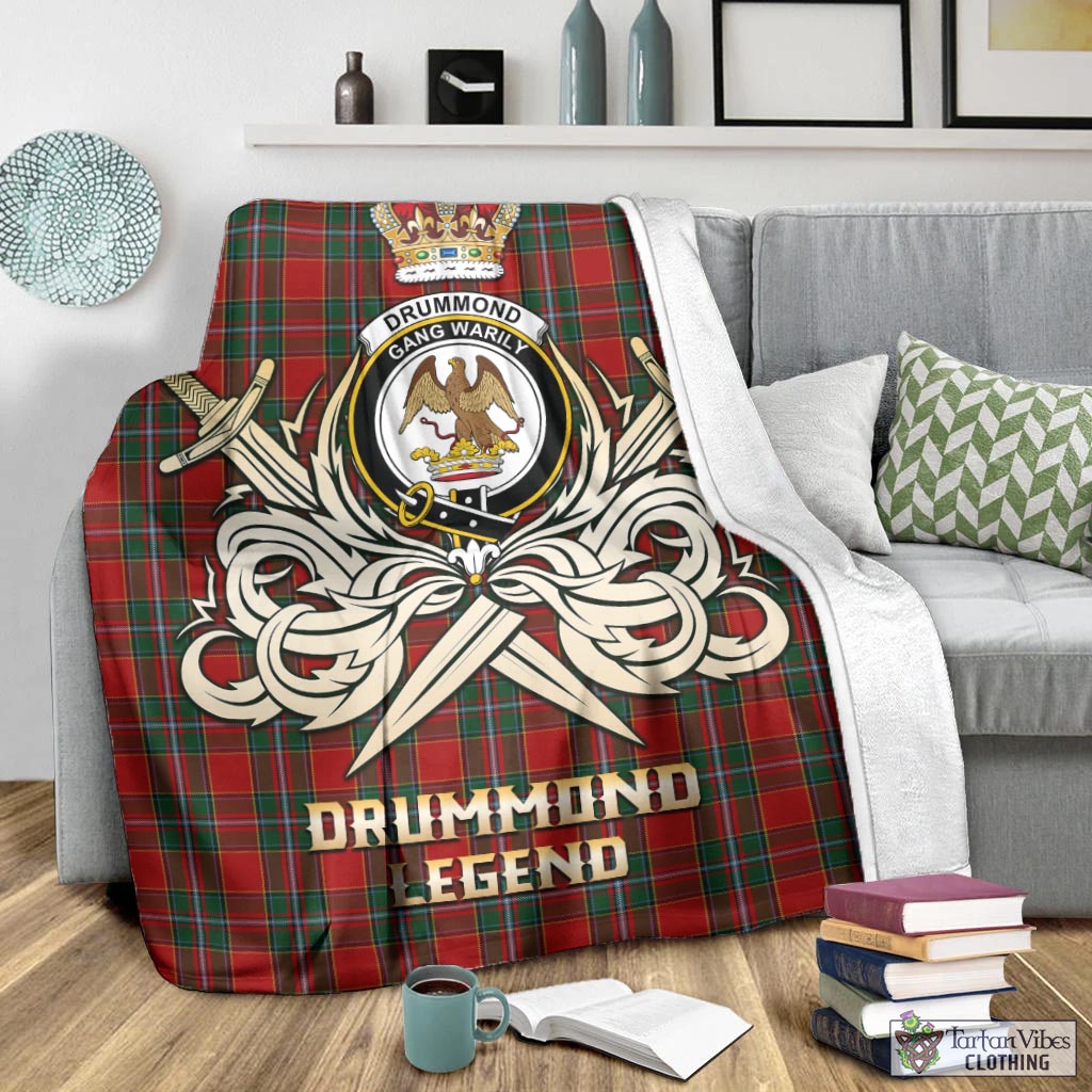 Tartan Vibes Clothing Drummond Ancient Tartan Blanket with Clan Crest and the Golden Sword of Courageous Legacy