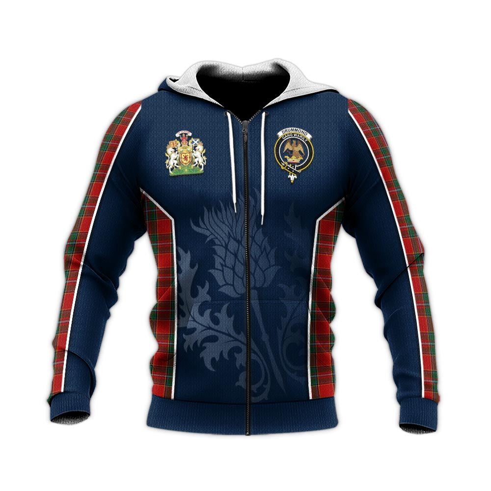 Tartan Vibes Clothing Drummond Ancient Tartan Knitted Hoodie with Family Crest and Scottish Thistle Vibes Sport Style