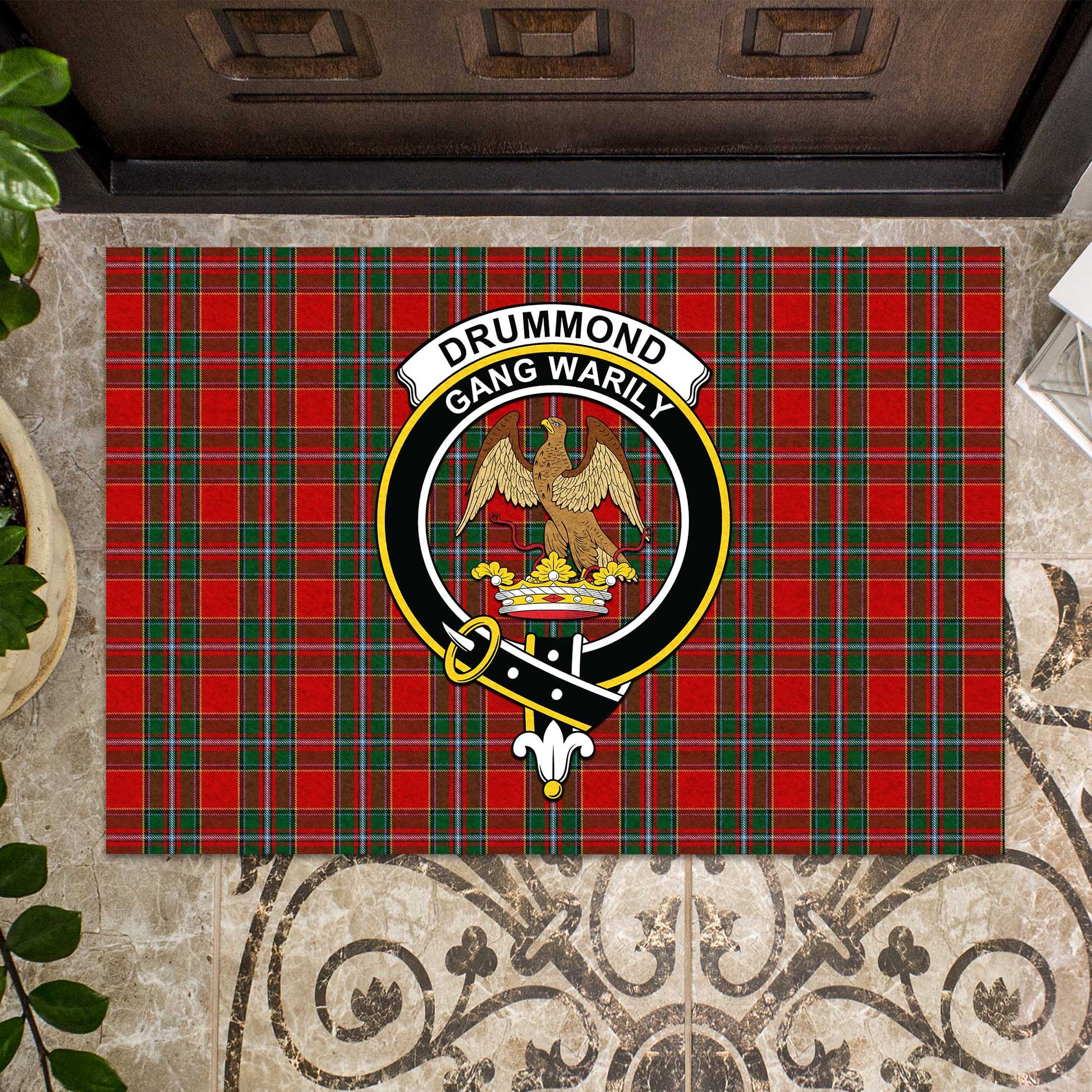 Drummond Ancient Tartan Door Mat with Family Crest - Tartanvibesclothing