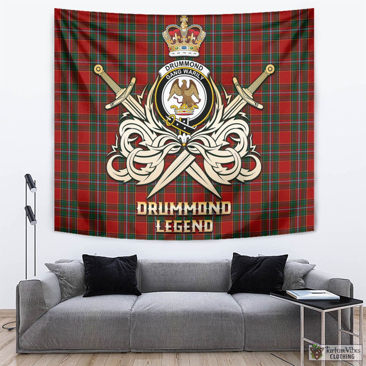 Tartan Vibes Clothing Drummond Ancient Tartan Tapestry with Clan Crest and the Golden Sword of Courageous Legacy