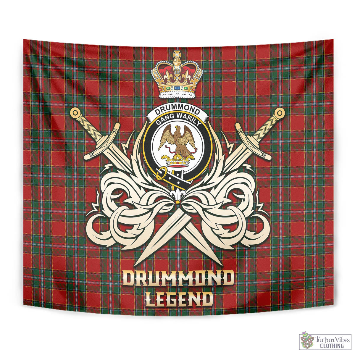 Tartan Vibes Clothing Drummond Ancient Tartan Tapestry with Clan Crest and the Golden Sword of Courageous Legacy