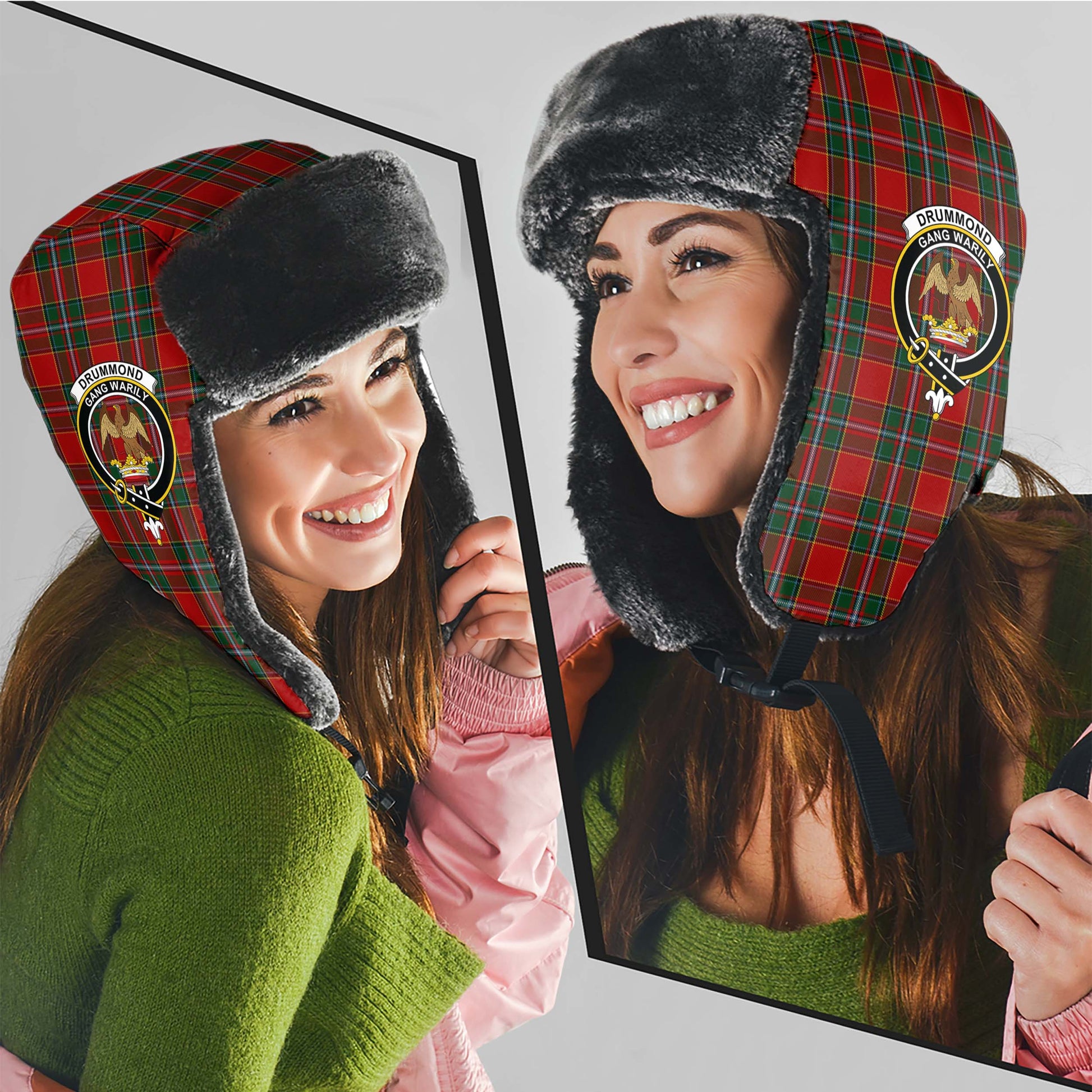 Drummond Ancient Tartan Winter Trapper Hat with Family Crest - Tartanvibesclothing