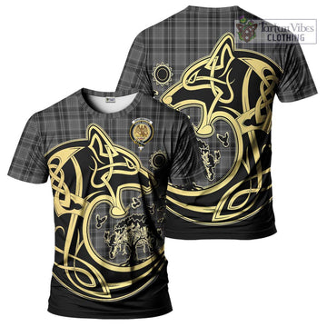 Drummond Grey Tartan T-Shirt with Family Crest Celtic Wolf Style