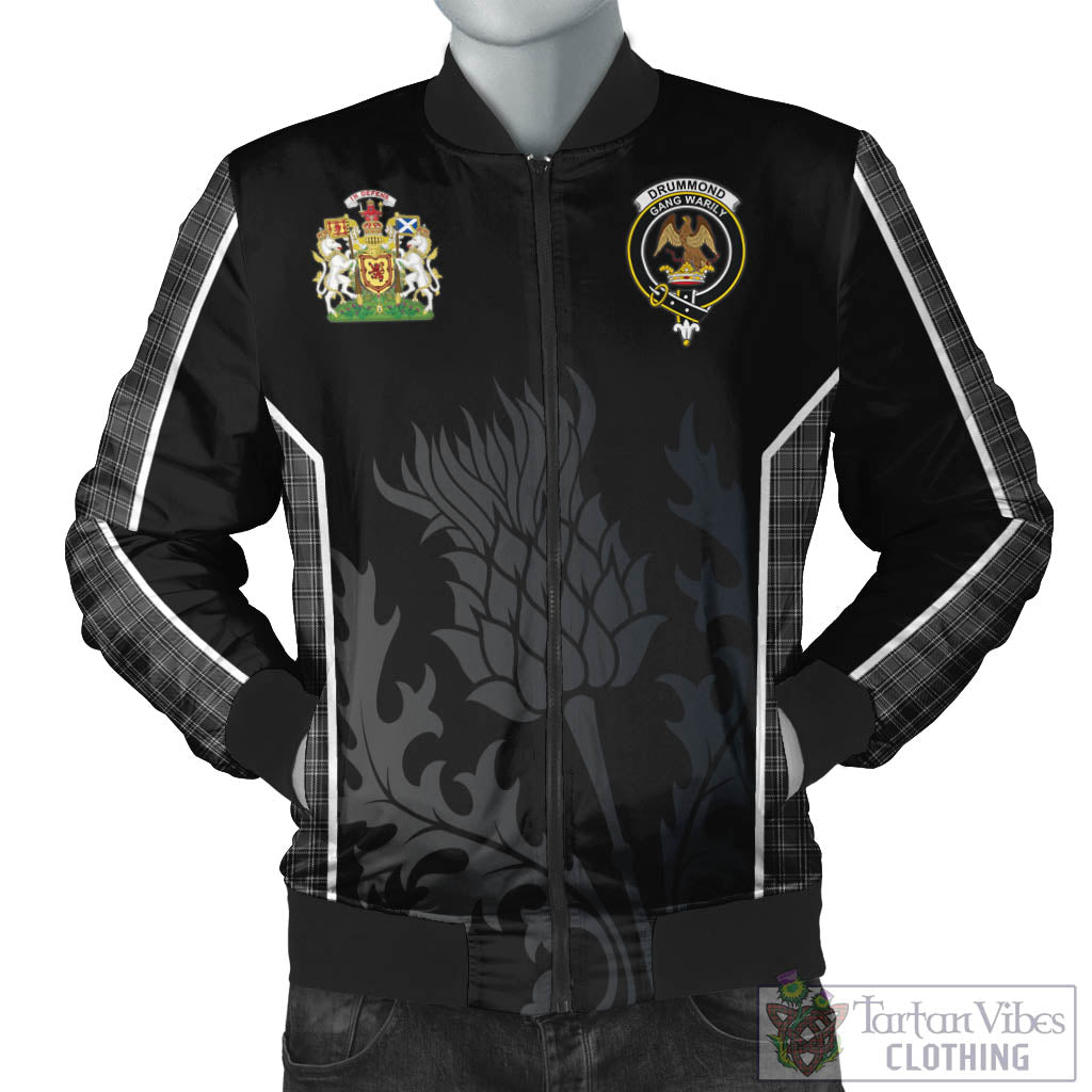 Tartan Vibes Clothing Drummond Grey Tartan Bomber Jacket with Family Crest and Scottish Thistle Vibes Sport Style