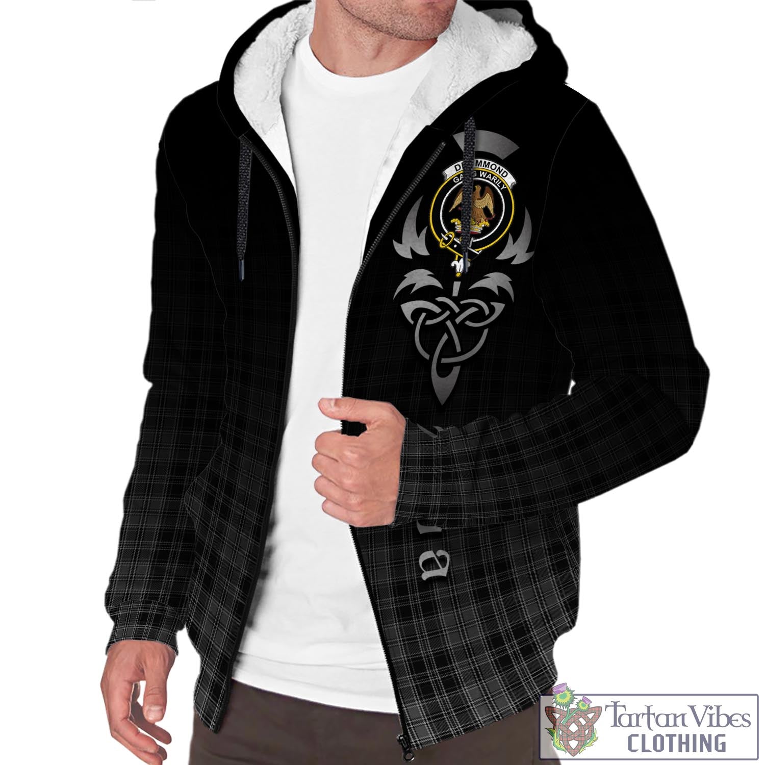 Tartan Vibes Clothing Drummond Grey Tartan Sherpa Hoodie Featuring Alba Gu Brath Family Crest Celtic Inspired