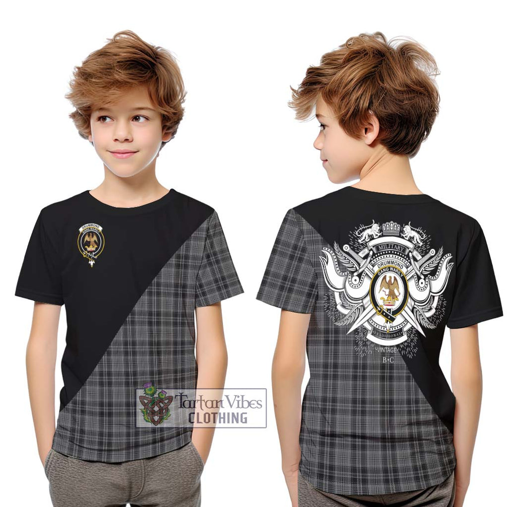 Drummond Grey Tartan Kid T-Shirt with Family Crest and Military Logo Style Youth XL Size14 - Tartanvibesclothing Shop