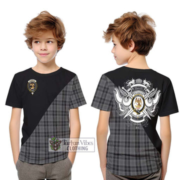 Drummond Grey Tartan Kid T-Shirt with Family Crest and Military Logo Style